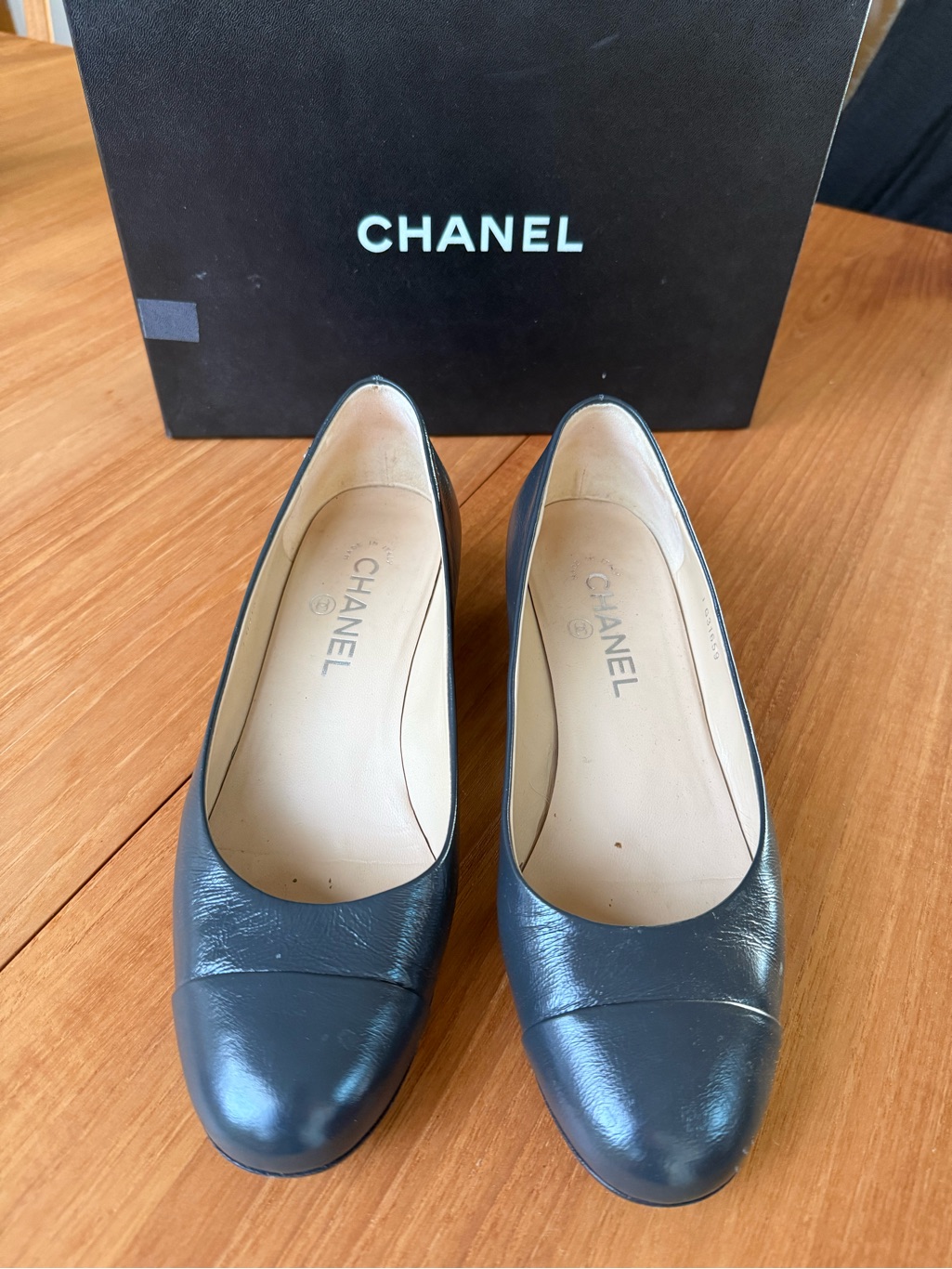 Chanel Dark Gray Calfskin Cap-Toe Block Heel Pumps W/ Gold Accent Box Set 38